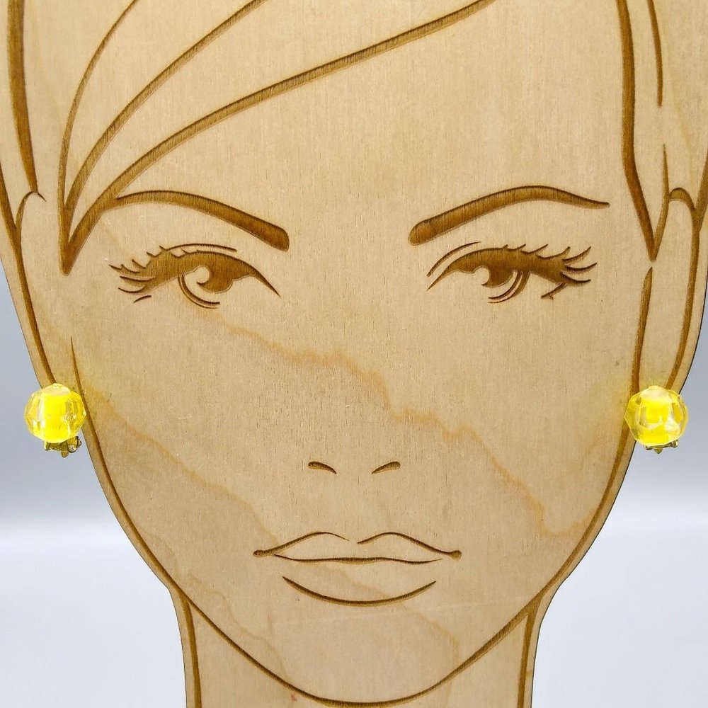 Vintage Yellow Bead Clip On Earrings, Summery Faceted Cased Lucite
